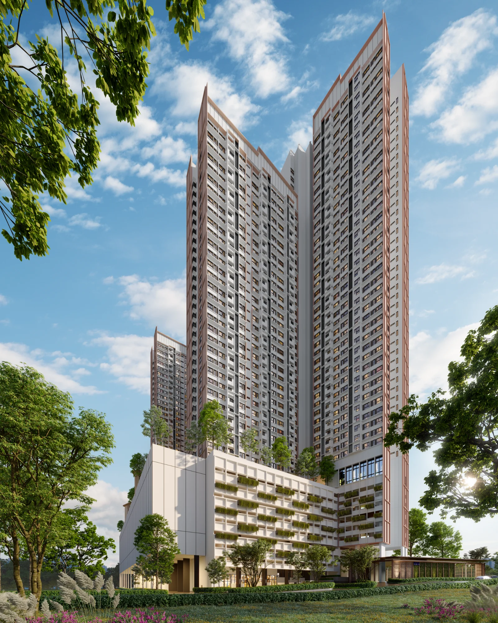 The Queenswoodz towers and podium with landscaped grounds, artist's impression