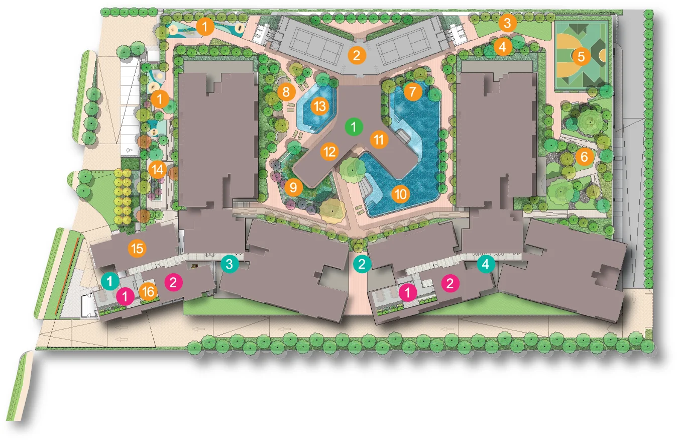 The Queenswoodz facilities plan showing the Level 8 facility deck between Tower A and Tower B
