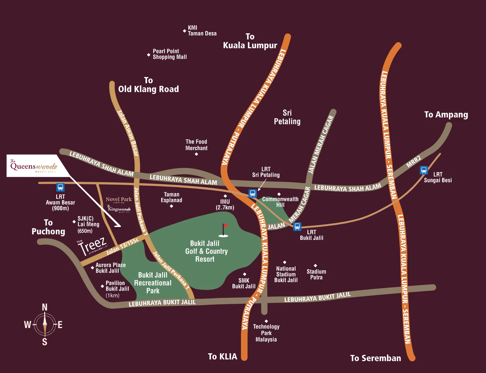 Location map of The Queenswoodz in Bukit Jalil with LRT stations, highways, Pavilion Bukit Jalil, Bukit Jalil Golf & Country Resort and schools