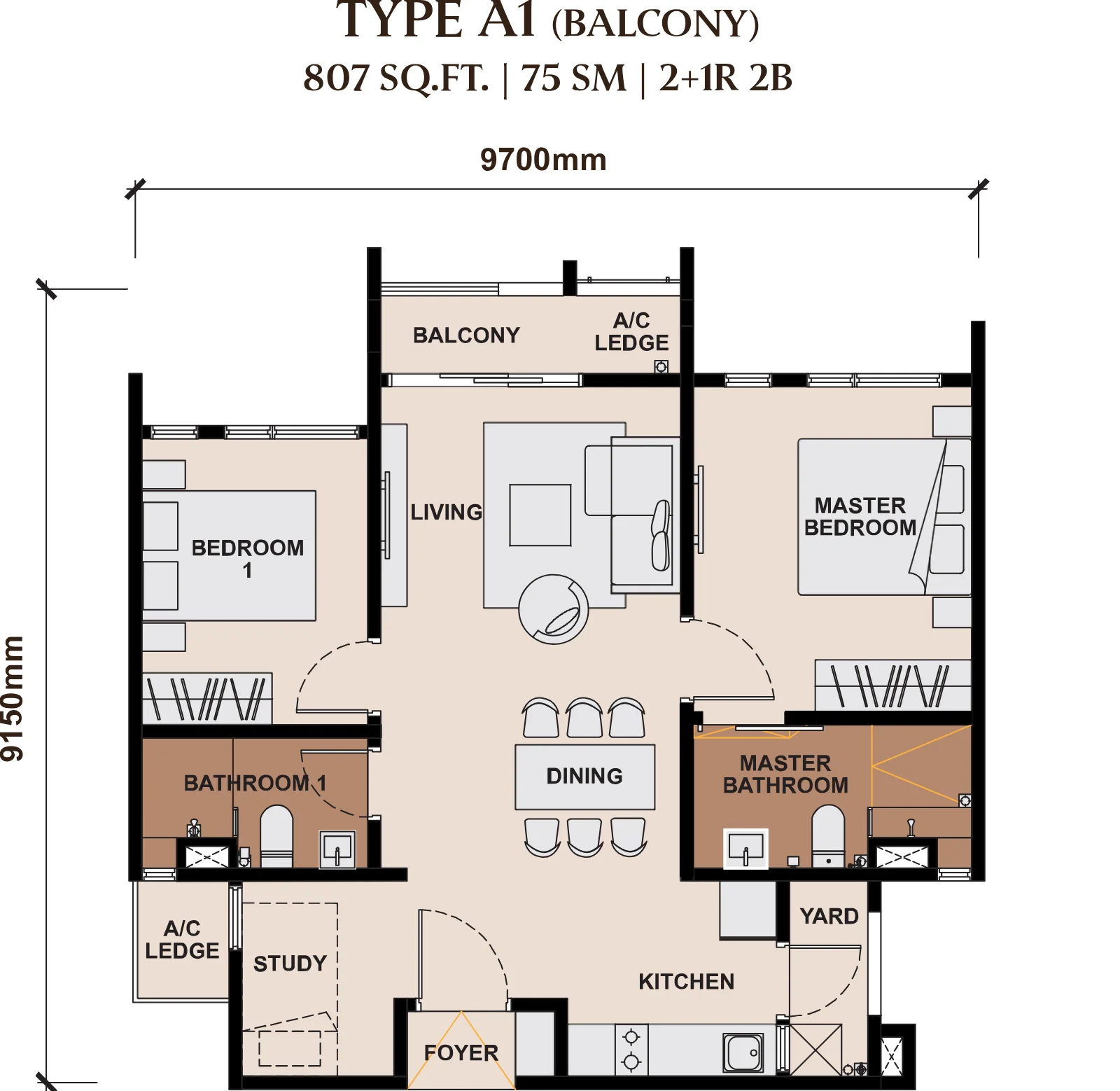 The Queenswoodz floor plan Type A1, 807 sq ft, 2+1 bed, 2 bath, balcony