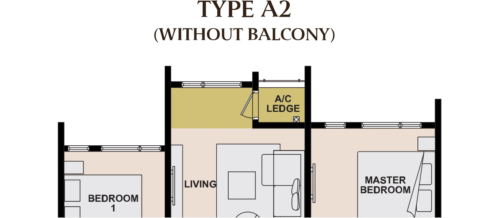 The Queenswoodz floor plan Type A2, 807 sq ft, 2+1 bed, 2 bath
