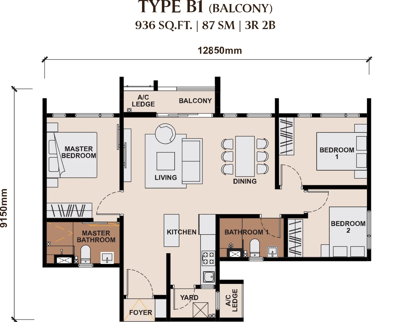 The Queenswoodz floor plan Type B1, 936 sq ft, 3 bed, 2 bath, balcony