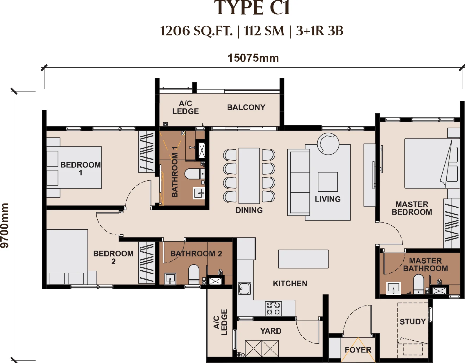 The Queenswoodz floor plan Type C1, 1,206 sq ft, 3+1 bed, 3 bath, balcony