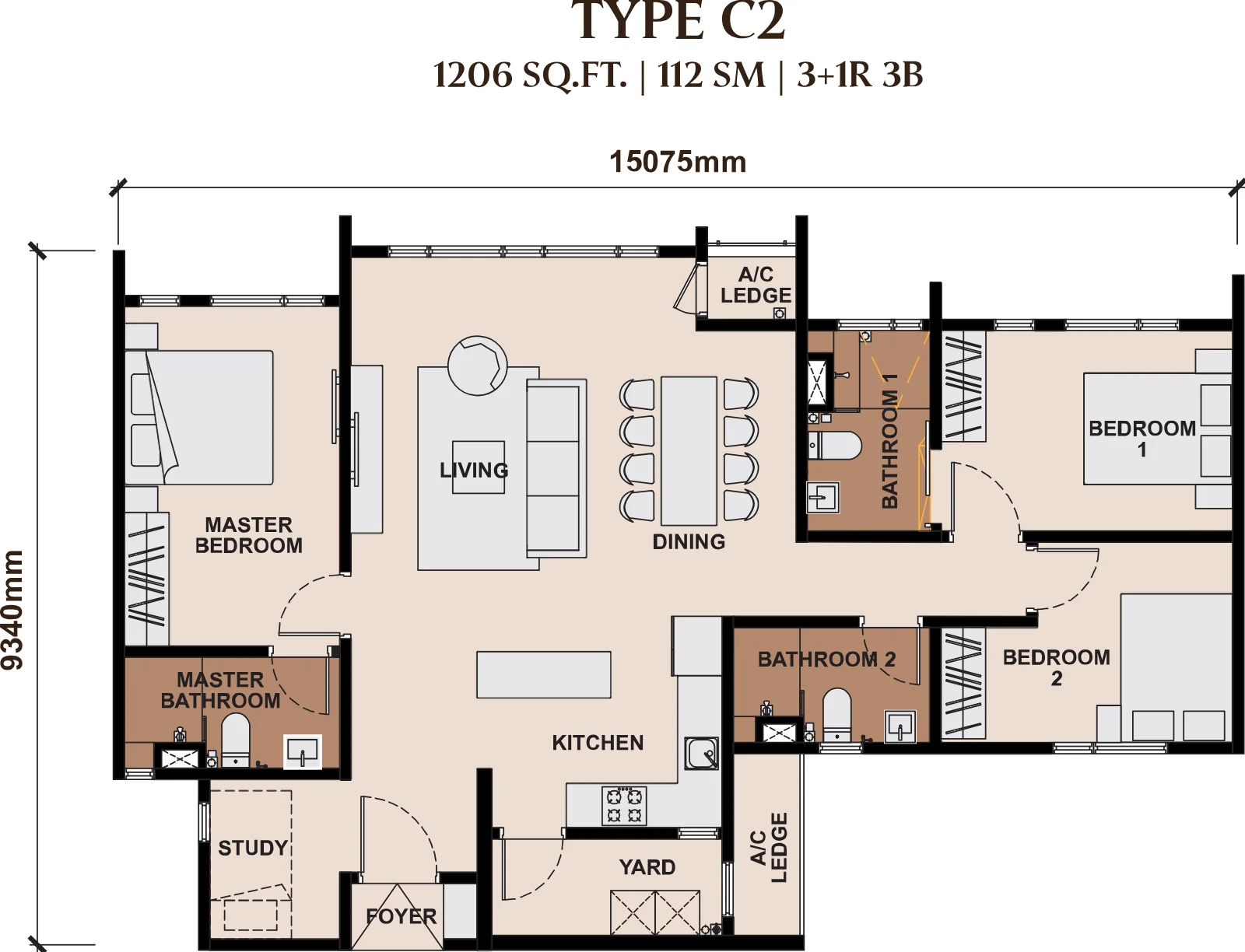 The Queenswoodz floor plan Type C2, 1,206 sq ft, 3+1 bed, 3 bath