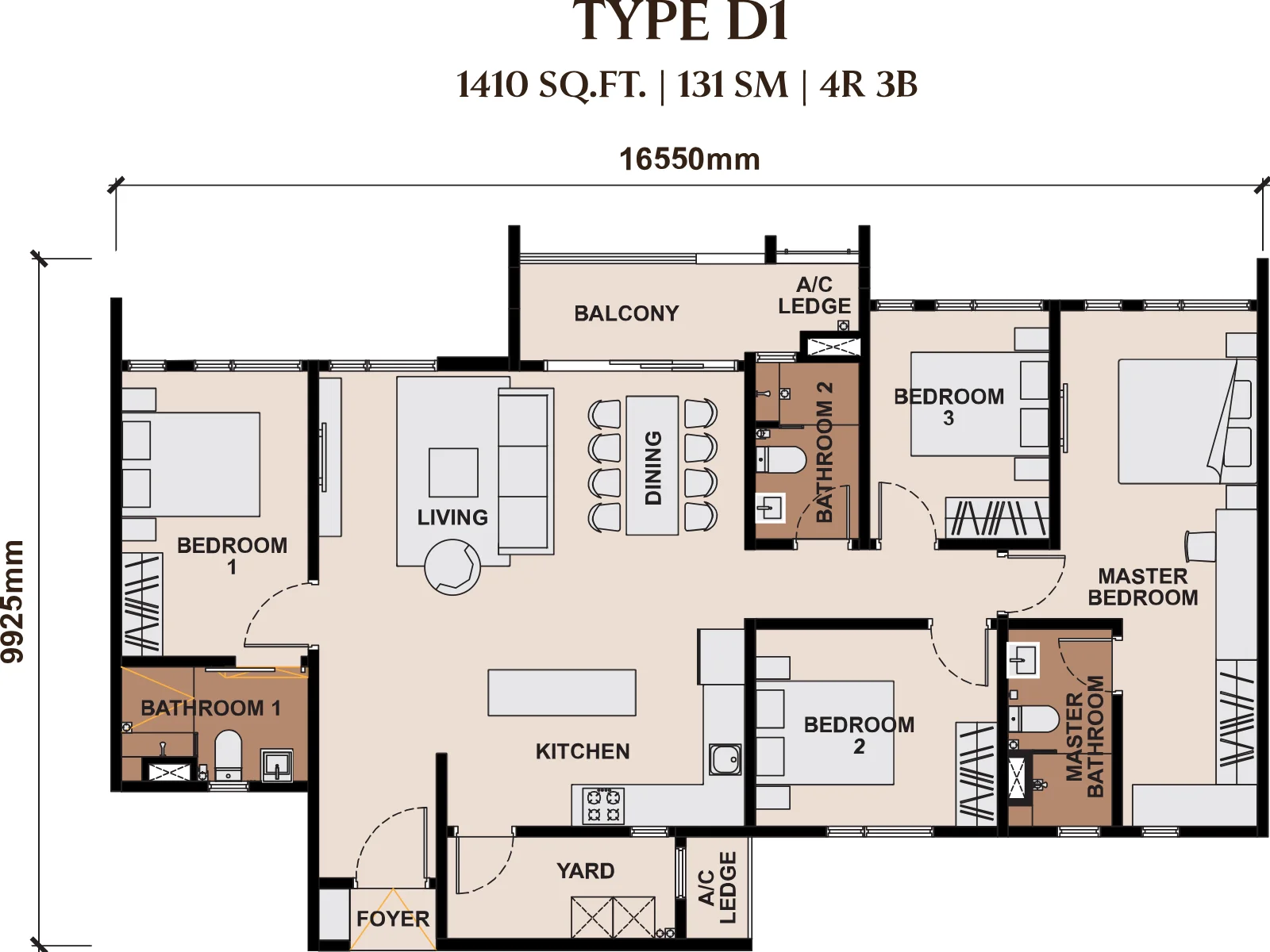 The Queenswoodz floor plan Type D1, 1,410 sq ft, 4 bed, 3 bath, balcony
