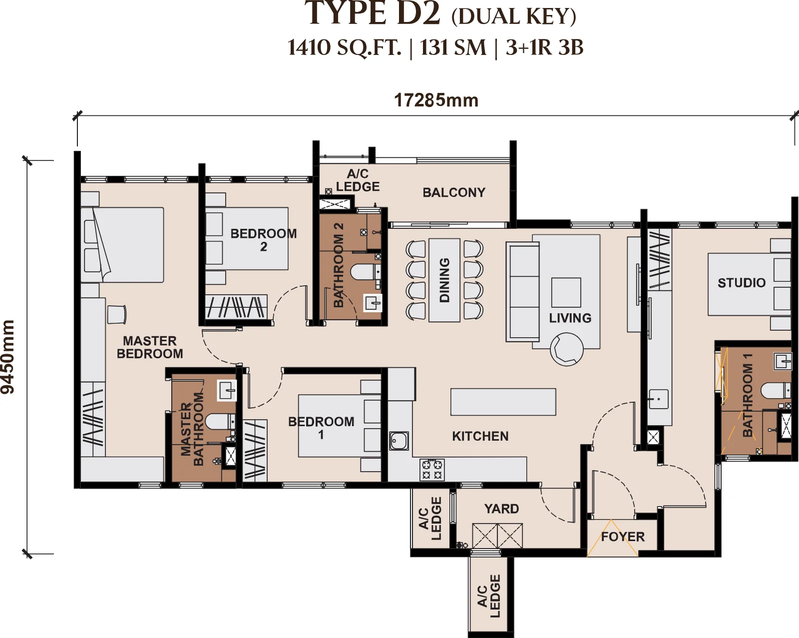 The Queenswoodz floor plan Type D2, 1,410 sq ft, 3+1 bed, 3 bath, dual key
