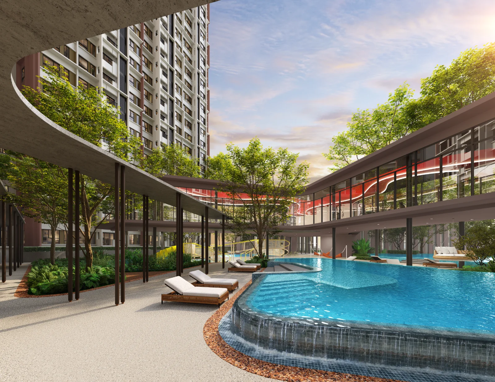 The Queenswoodz sun Deck loungers beside the pool, artist's impression